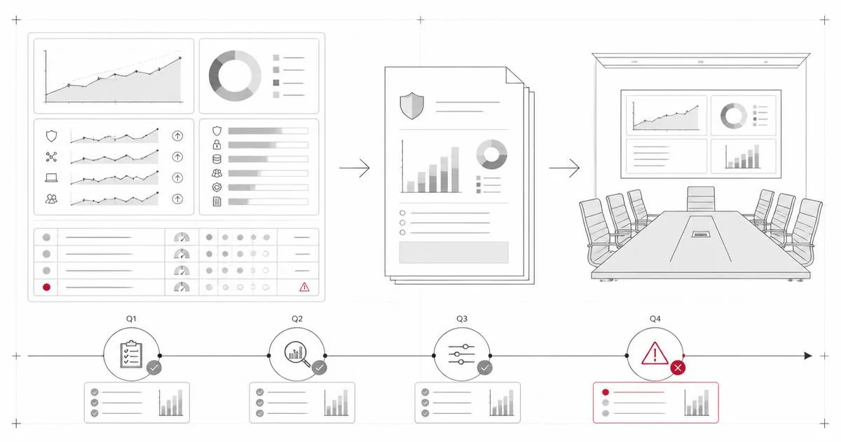Diagram of technical security evidence being transformed into board level risk and governance information.