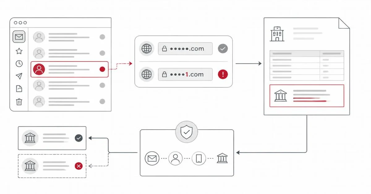 Diagram showing email, identity, payment approval, and bank-change signals converging into a single governed verification decision node.
