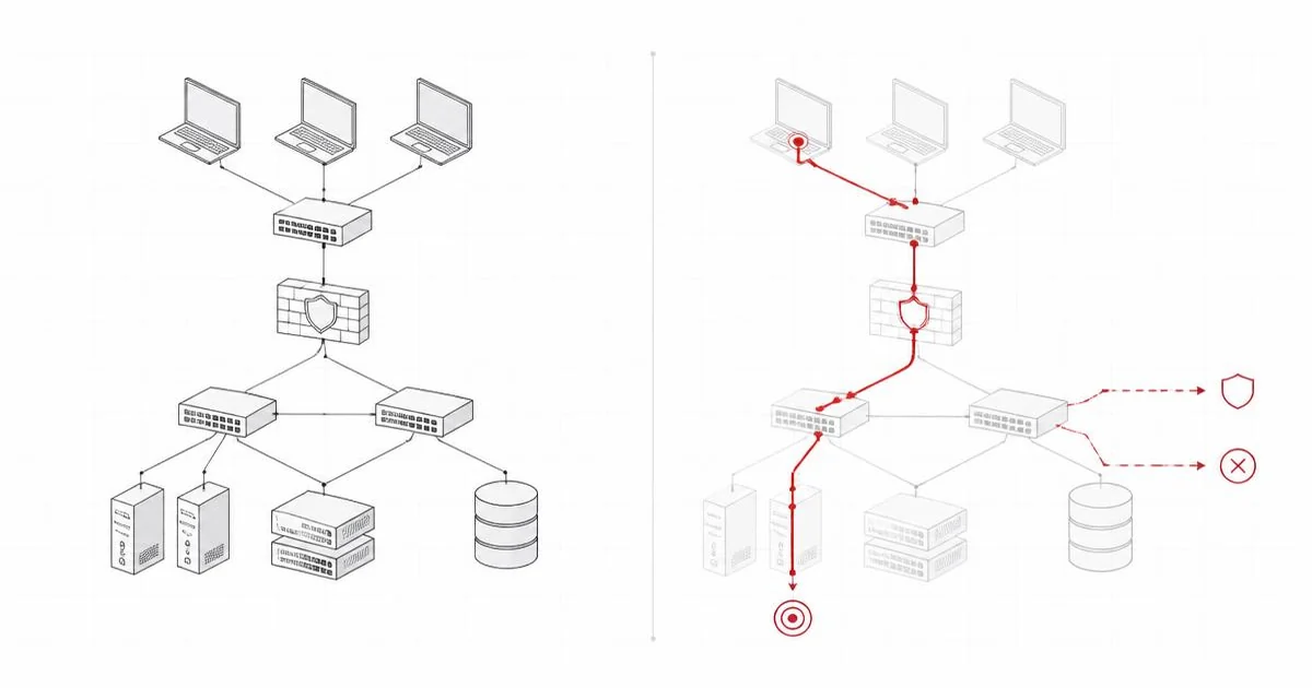 Diagram of a modeled network twin showing attack propagation and several candidate containment pathways compared side by side.