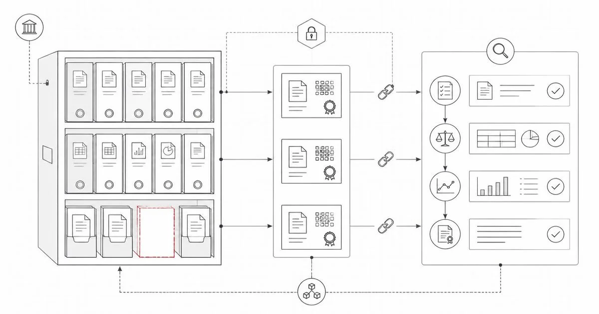 Diagram of financial records and approvals linked in an evidence lineage with integrity checkpoints for audit.