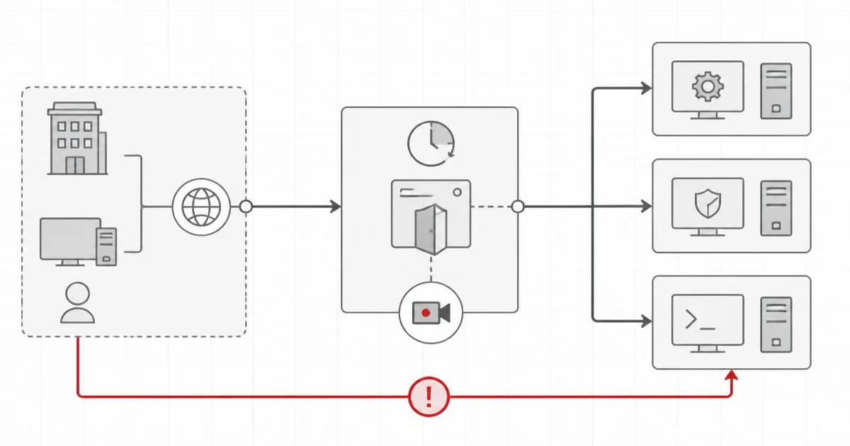 Diagram of an external administrator identity passing through identity, approval, session limitation, and privileged resource boundaries in sequence.